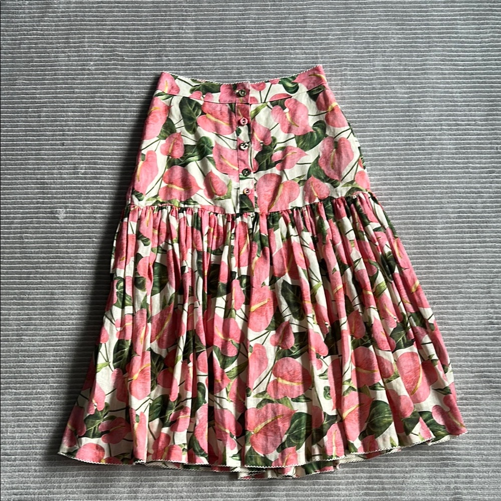 Agua Bendita Pink and Cream Midi A-Line Skirt with Tiered Pleats